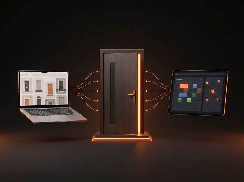 A laptop with a door website, a front door and a tablet with a job calendar and map, linked by glowing lines