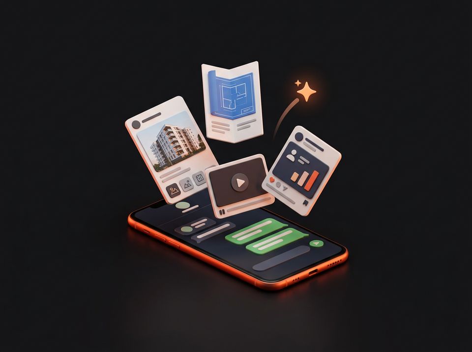 A phone sending out a listing, brochure, video and ad
